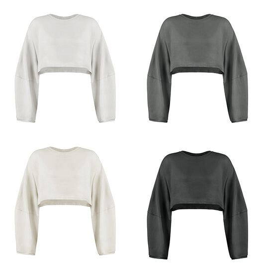 Umbilical round neck sweatshirt, European and American women's short sports base shirt, T-shirt, knitted shirt, long sleeved top