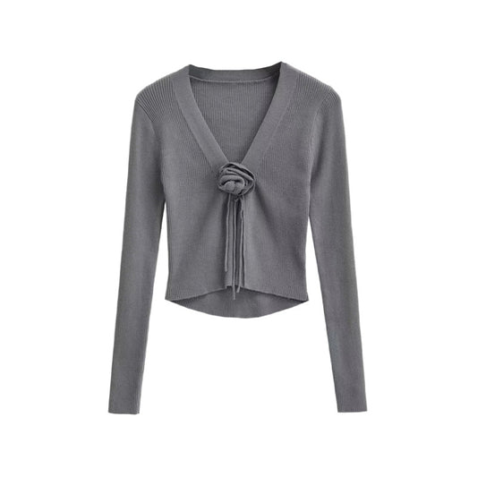 Spicy girl design V-neck chest rose long sleeved knitted sweater autumn new slim fit outerwear short cardigan top