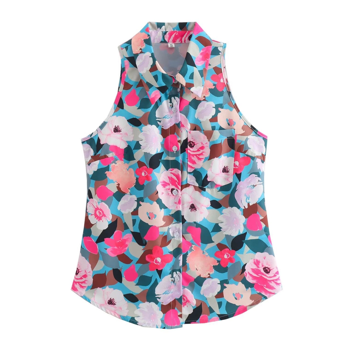 Stylish and stylish collared sleeveless single breasted versatile printed shirt for women