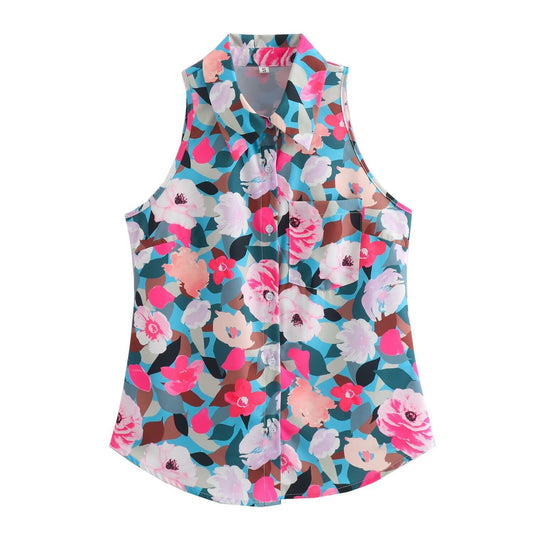 Stylish and stylish collared sleeveless single breasted versatile printed shirt for women
