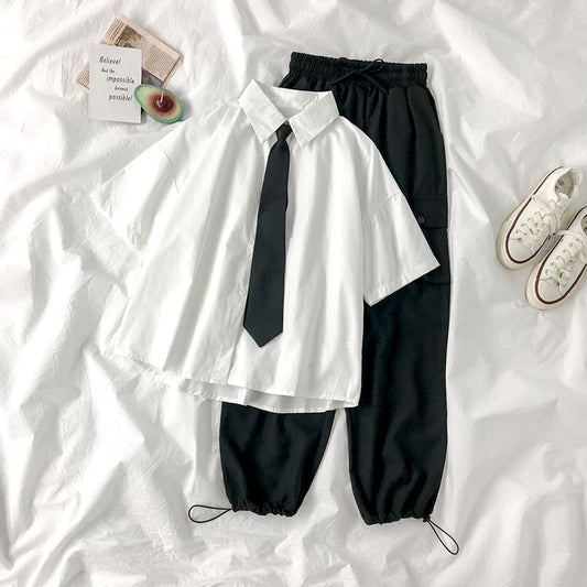 Korean college style loose casual versatile short sleeved shirt for students