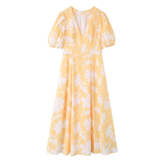 Bubble short sleeved V-neck printed dress