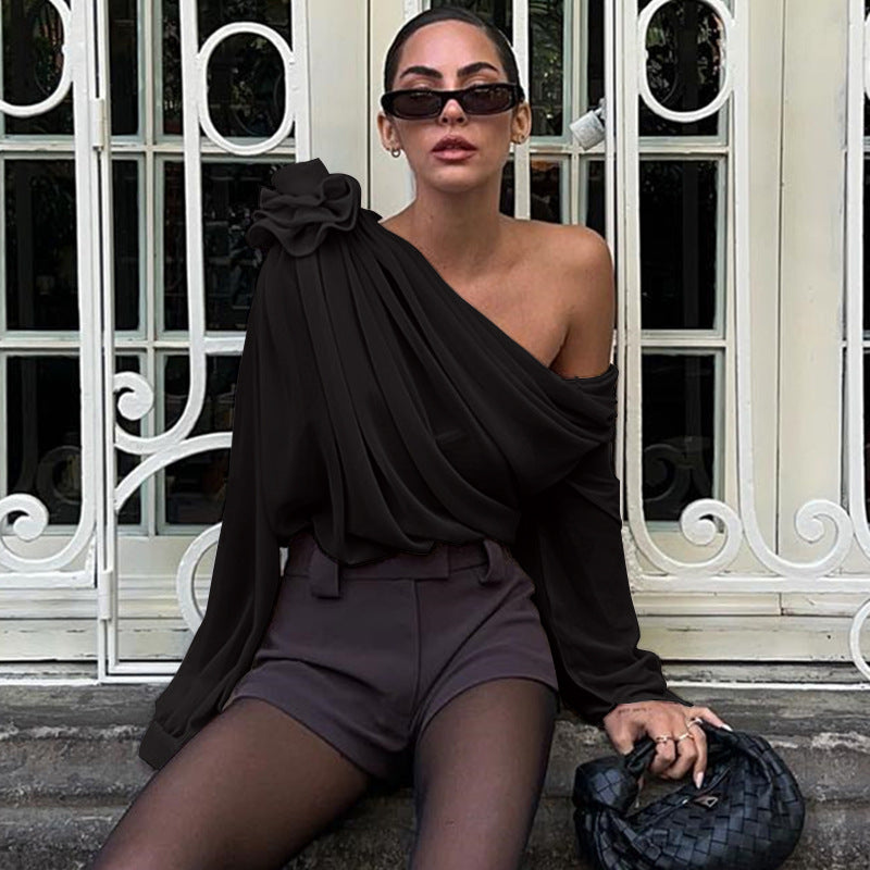 New Women's Sexy and Fashionable Street Hot Girl Slant Shoulder Chiffon Slimming T-shirt Top for Women