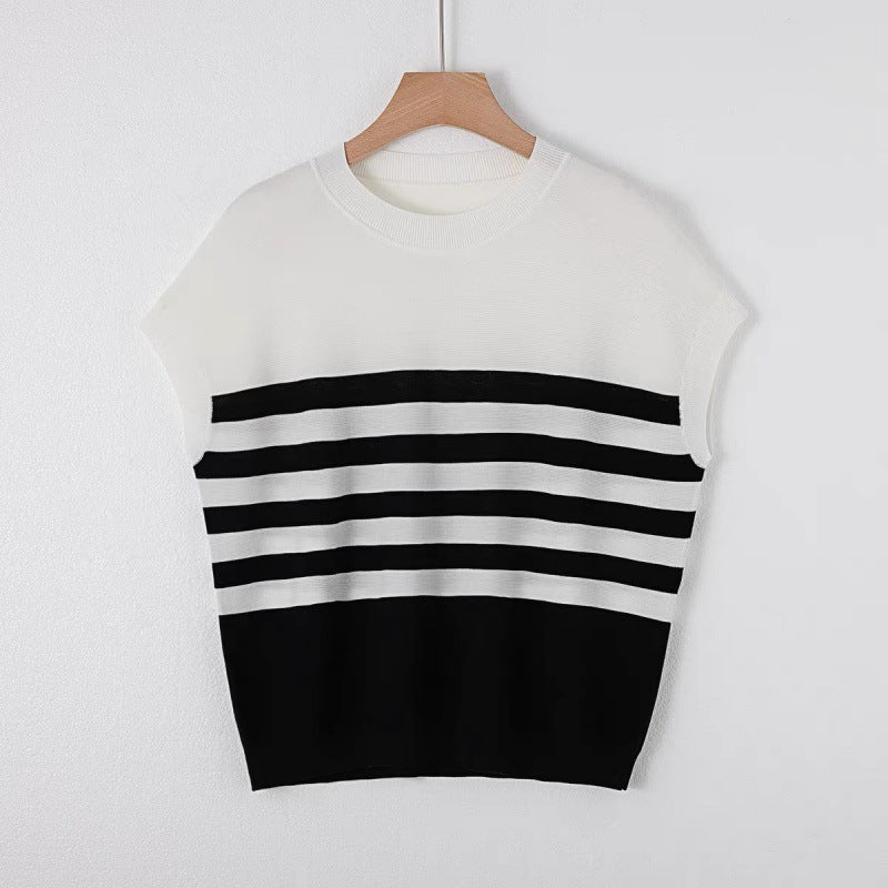 Striped Knitted Shirt Summer Women's Round Neck Contrast Short Sleeve T-shirt New Casual Loose Thin Top