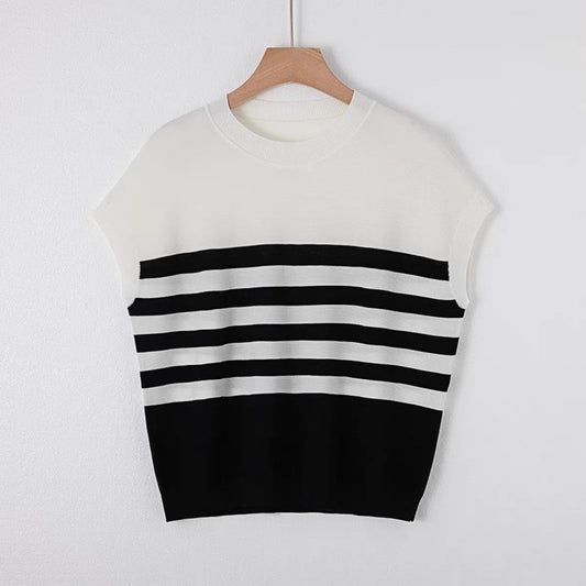Striped Knitted Shirt Summer Women's Round Neck Contrast Short Sleeve T-shirt New Casual Loose Thin Top